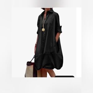 Casual Black Long Sleeve Balloon Hem Shirt Dress